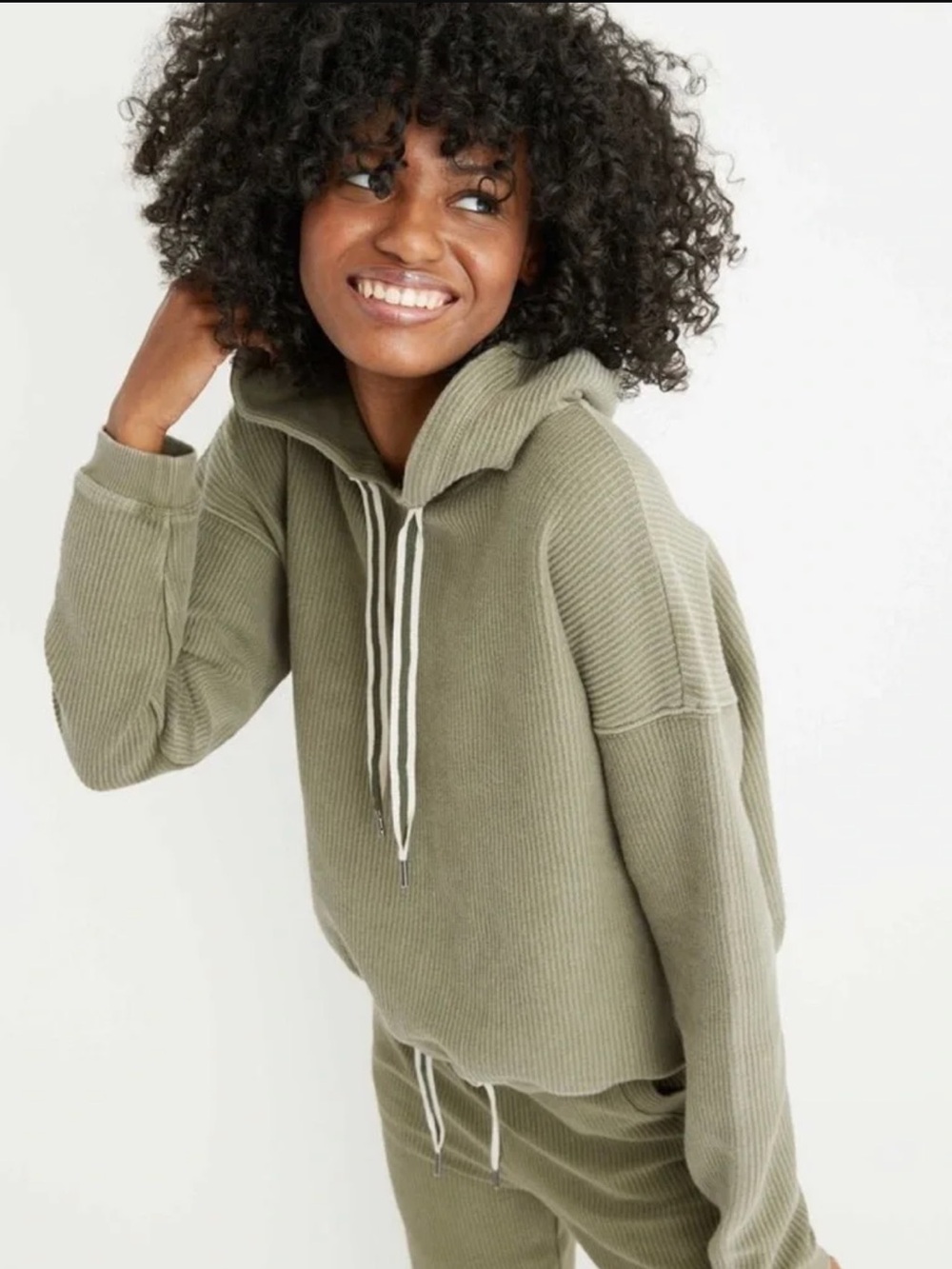 Aerie New Love Corded Hoodie Olive Fun Cropped Ribbed